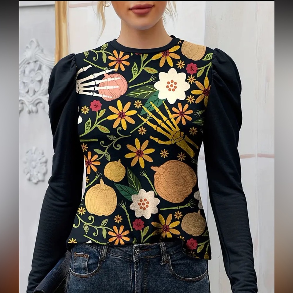 🌺Halloween | Spring Long Sleeve Crew Neck T-Shirt, Puff Sleeve Top🌸🌺 - Picture 8 of 11